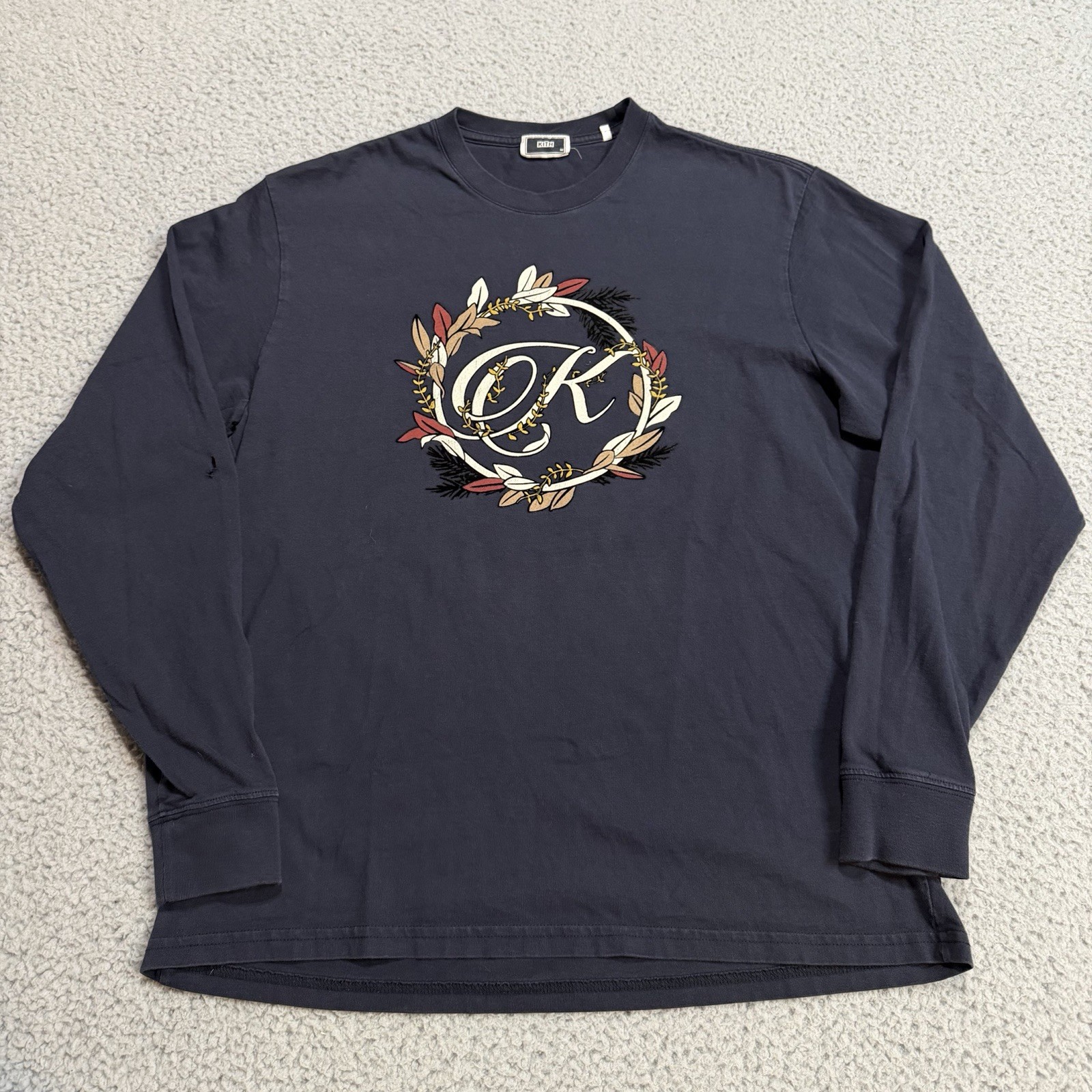 Kith Shirt Mens Medium Blue Navy Graphic Long Sleeve Stretch Cotton Crew Casual
