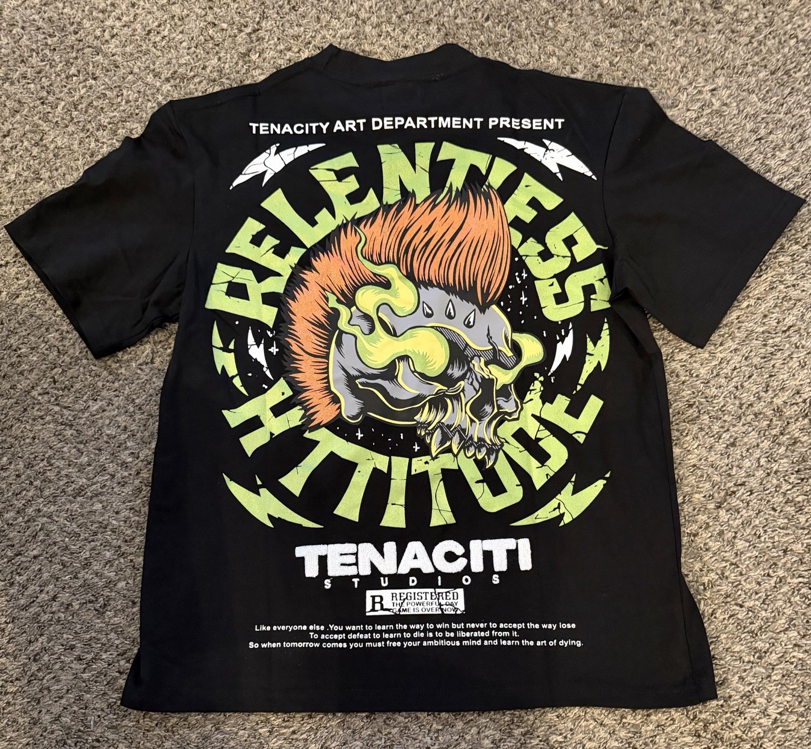 TENACITI STUDIOS Skull Punk Relentless Streetwear Tee Tshirt Black Size Small ✅