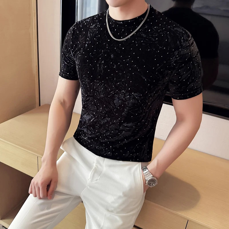 Summer Velvet Pleated Hot Stamping T-shirt for Men’s Fashion Versatile Slim Fit