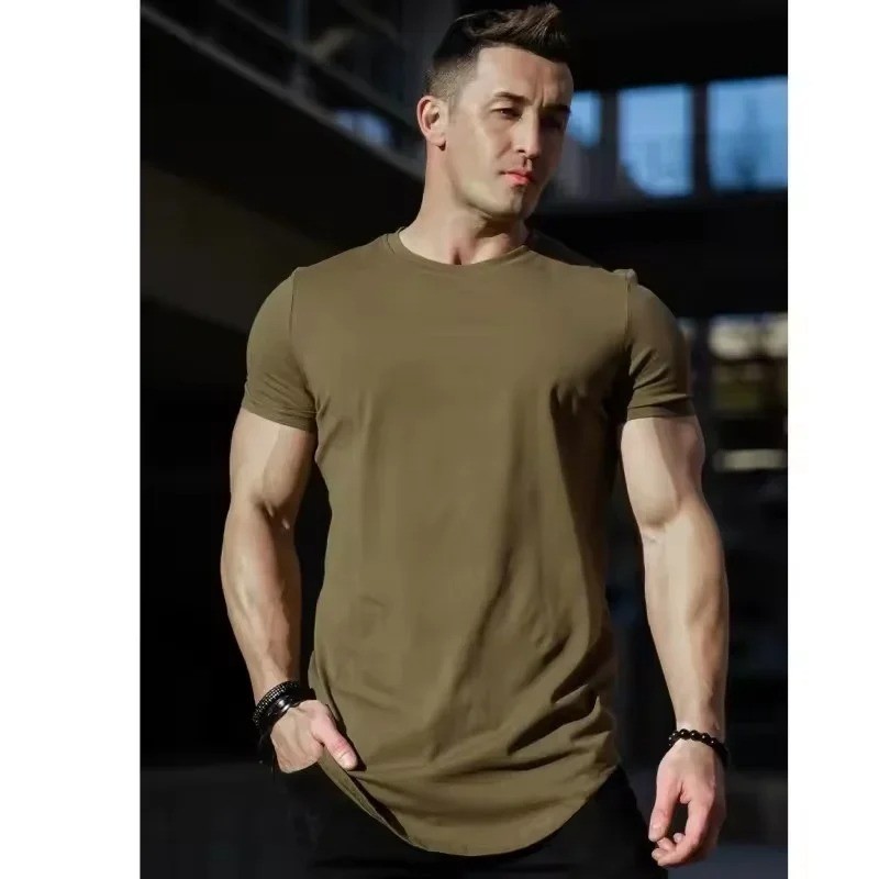 Men Muscle Fitness T-Shirt Summer Cotton Gym Workout Short Sleeve Top