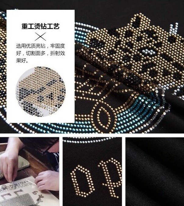 New Men Luxury Leopard Rhinestones Fashion Black White T-Shirt High Quality