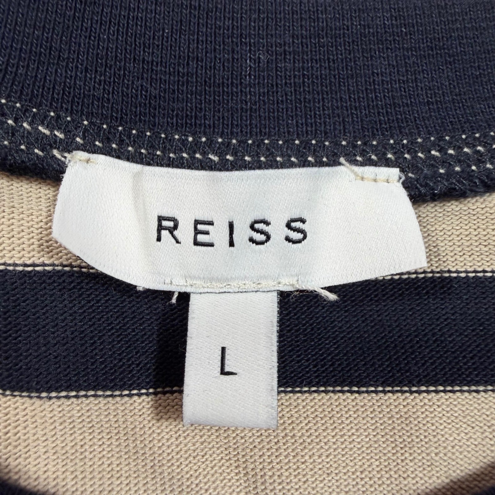 Reiss Perry Mens Long Sleeve Shirt L Striped Pocket Navy Tan Cotton Nautical