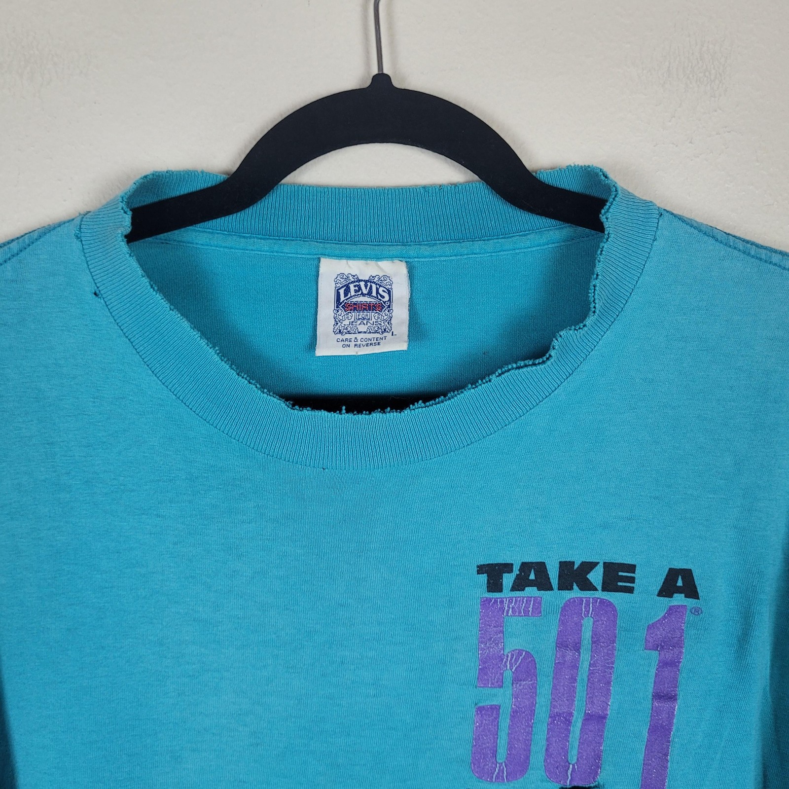 Vintage Levi’s T-Shirt Large Blue Teal Single Stitch Take A Number 501 1993 USA