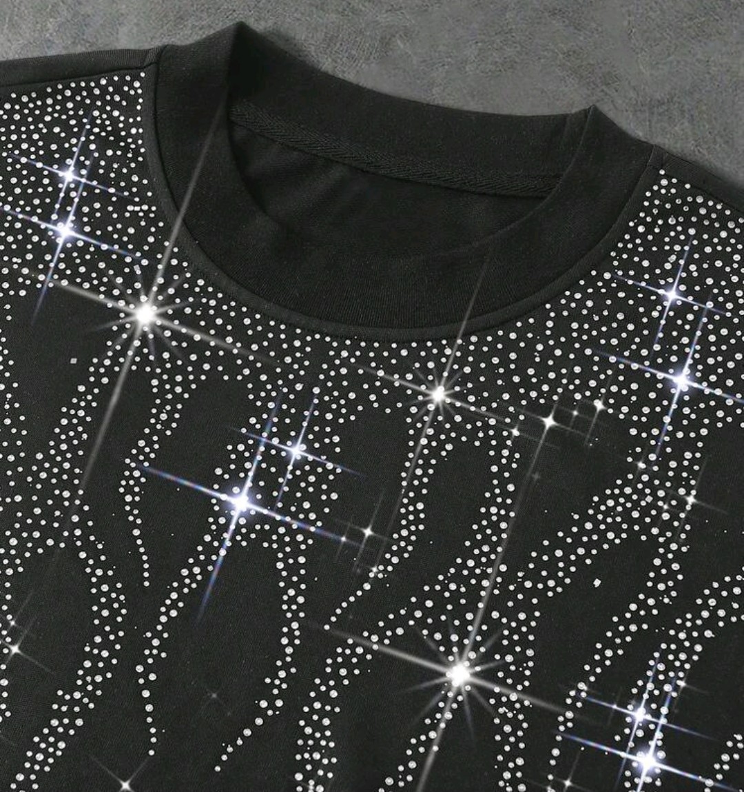 New Men Luxury Diamond Flame Rhinestones Fashion Black T-Shirt High Quality
