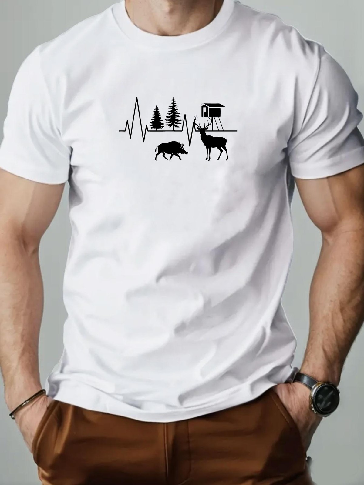 Men’S Forest Animal Heartbeat Pattern Summer Casual Round Neck Short Sleeve T-