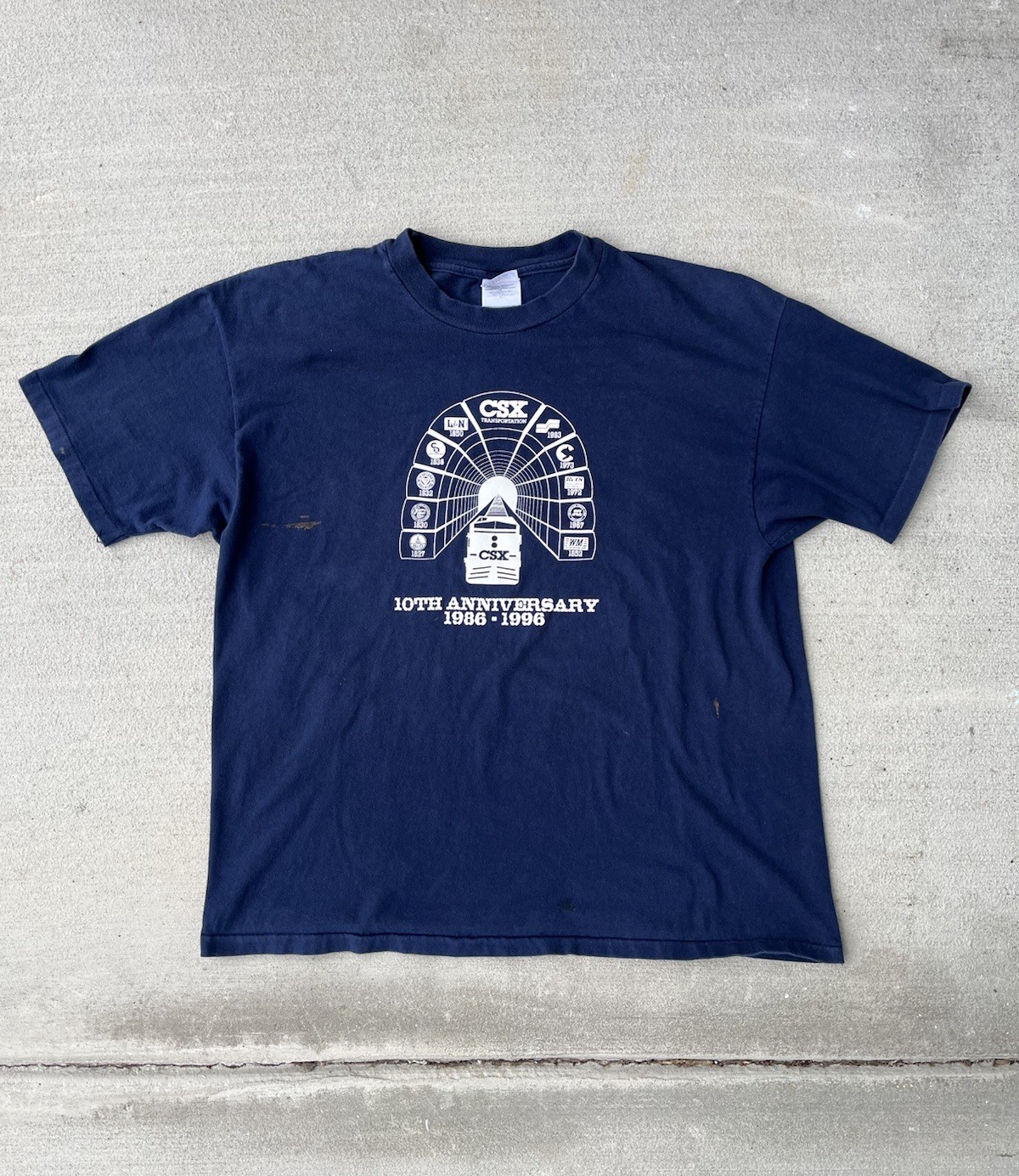 Vintage CSX 10 Year Anniversary T-Shirt Trains Railroad XL 90’s 1996 Stained