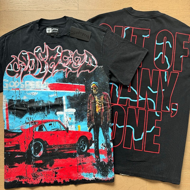 NEW Godspeed Rock Skeleton sports car print pattern Tee Washed Mens T-shirt