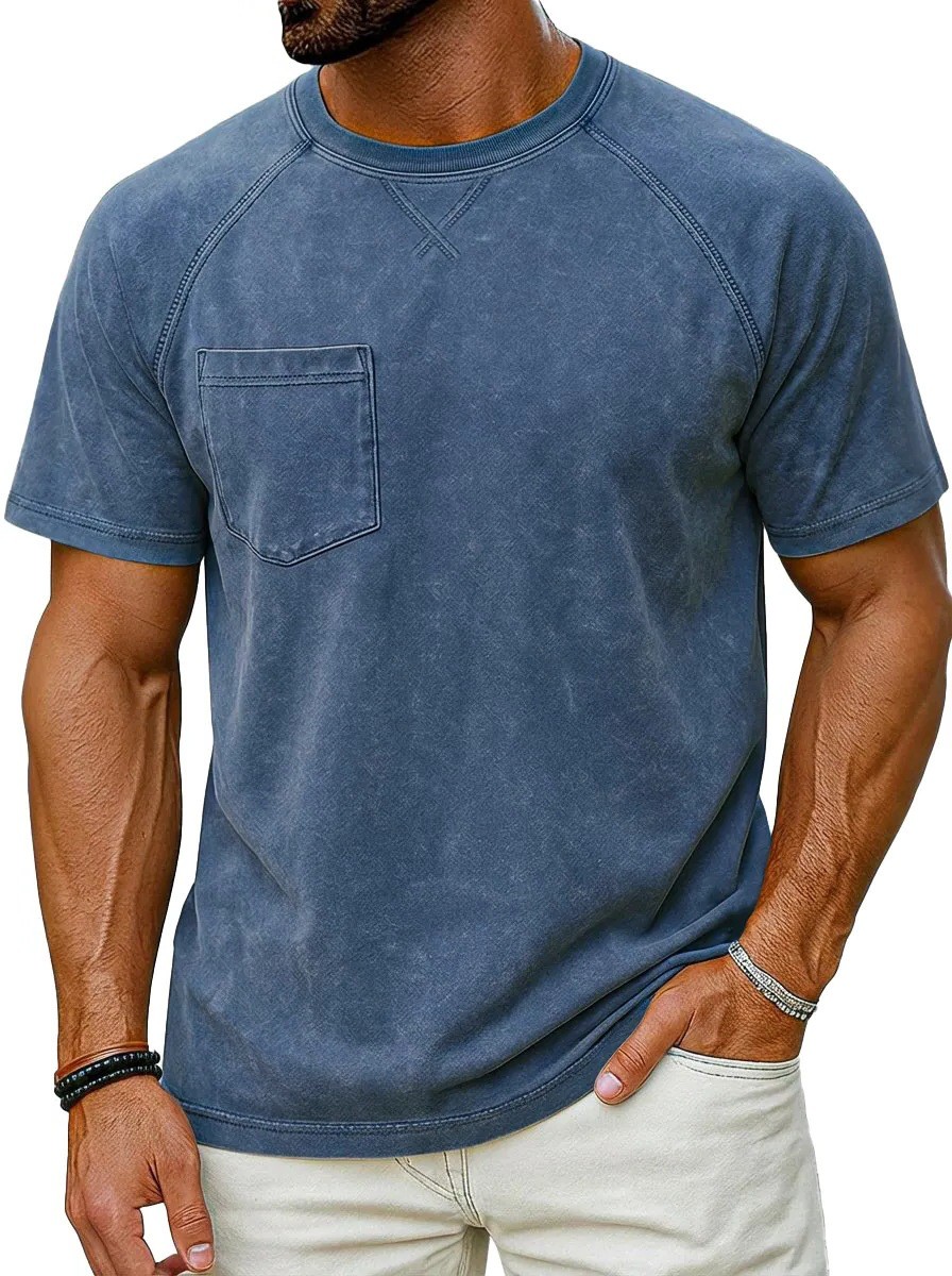 Men’s Vintage Washed Raglan Short Sleeve T-Shirt, Pocket Crew Neck Casual Tee