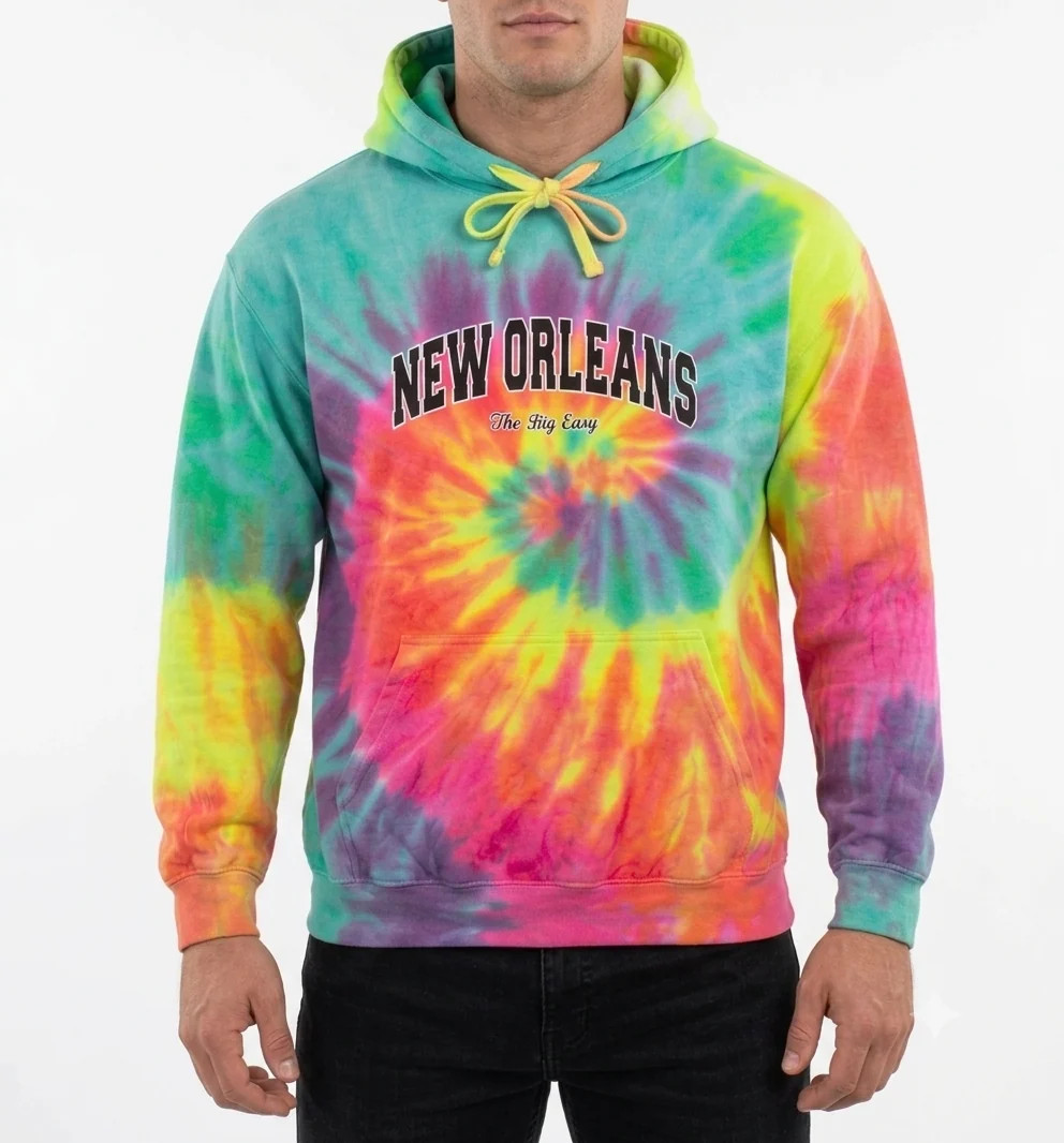 New Orleans Big Easy Tie Dye Hoodie Pullover Sweatshirt Rainbow Souvenir