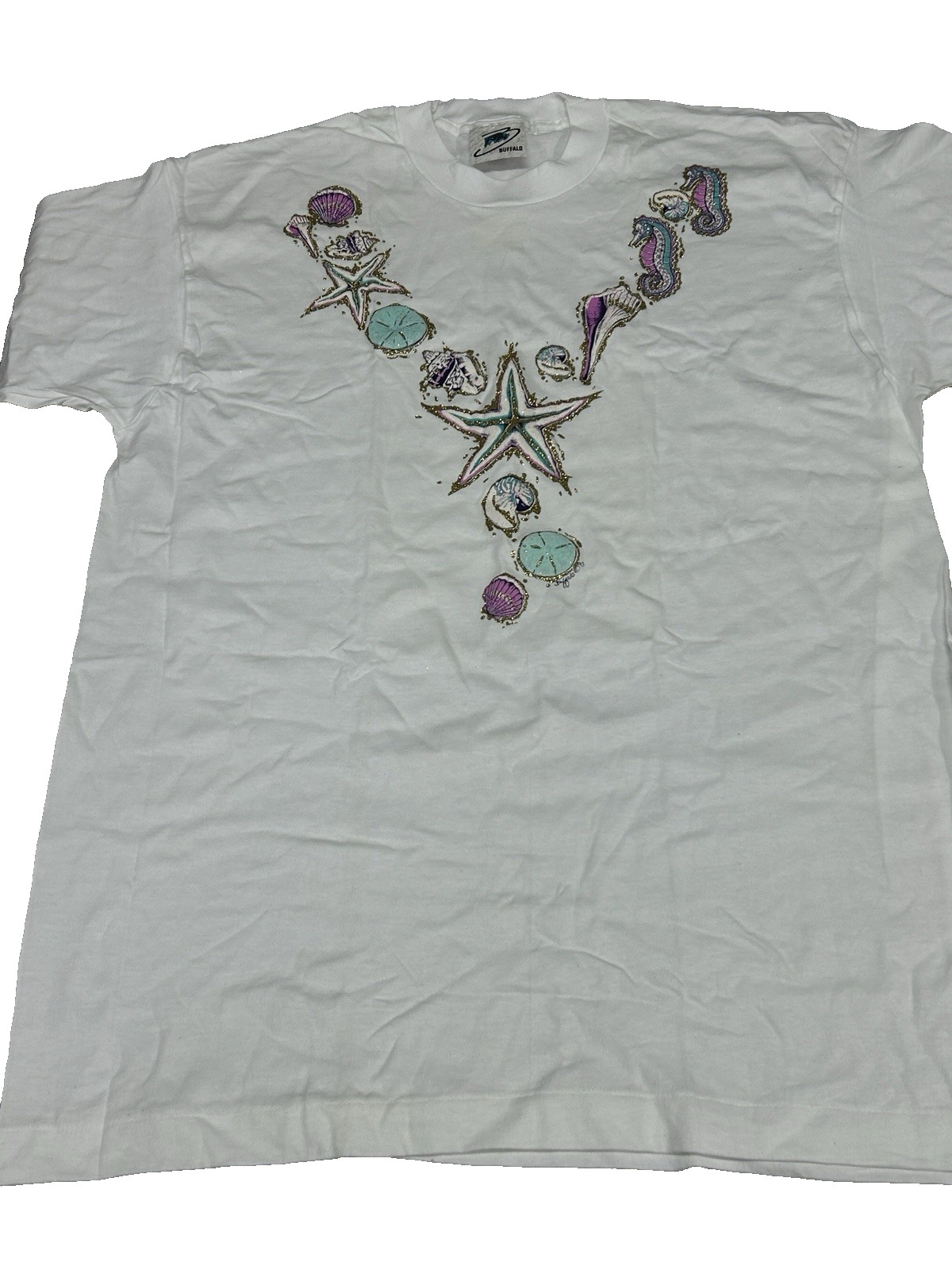 Vintage 90s Glitter Magic Tropical Graphic T-Shirt Seashell Coral – Men’s XL