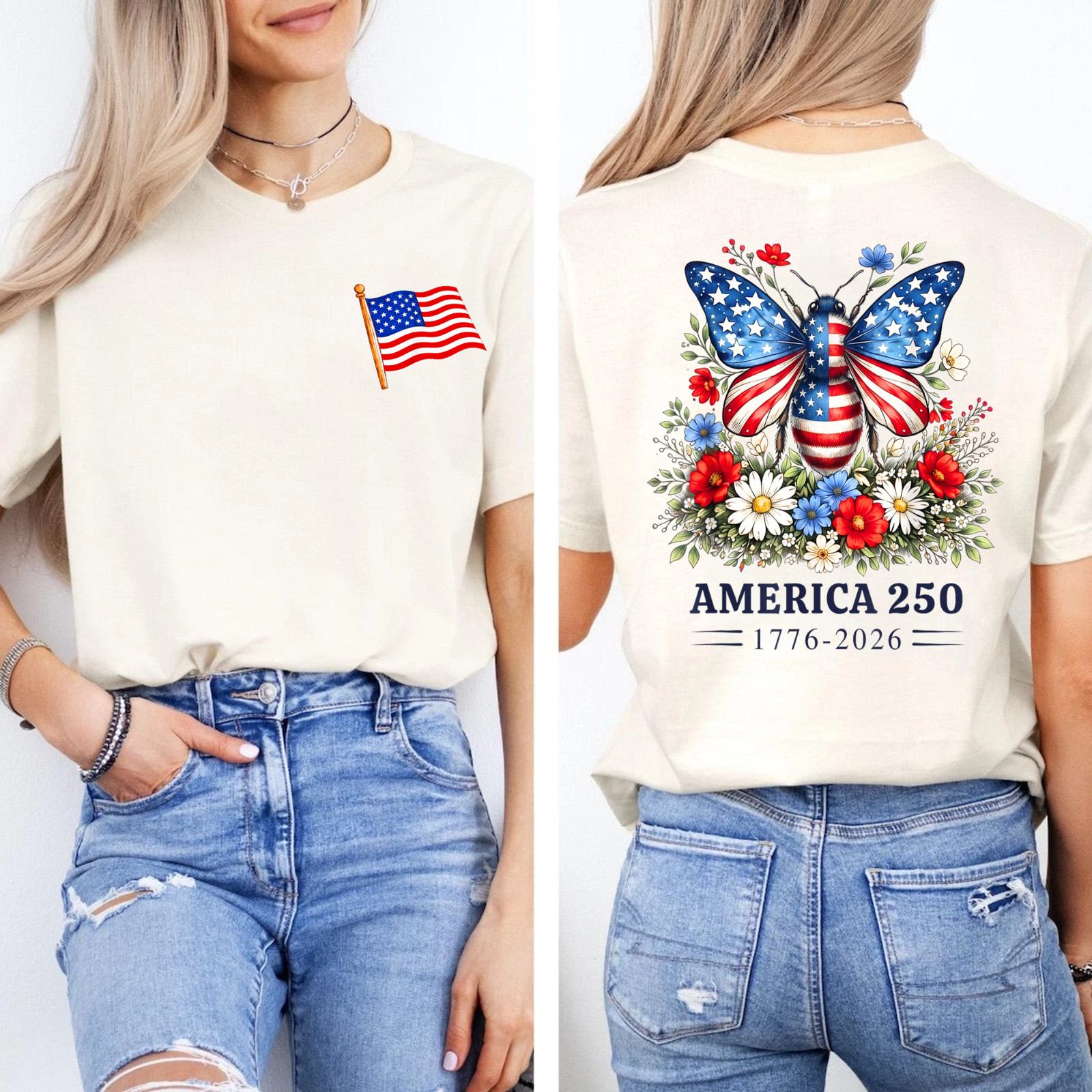 250th Anniversary Patriotic Bee USA Flag 4th of July Outfits 2SIDE T-Shirt