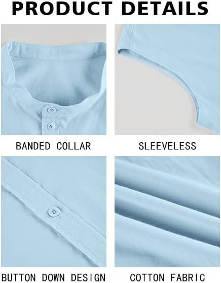 Mens Linen Cotton Sleeveless Button Down Shirt Summer Beach Casual Top