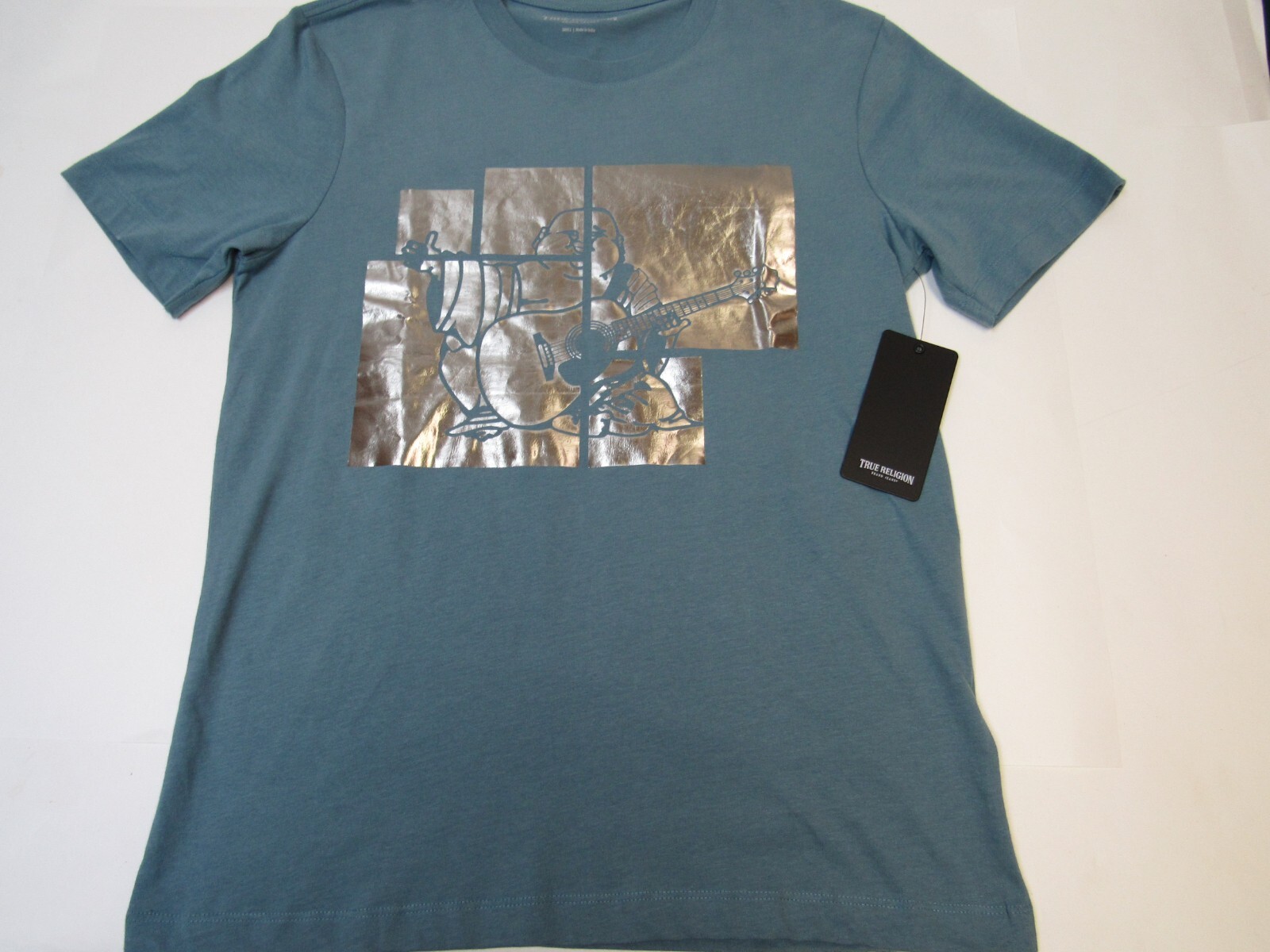 True Religion NWT Men’s Small Teal Gray Crew Neck Graphic T-Shirt Buddha New