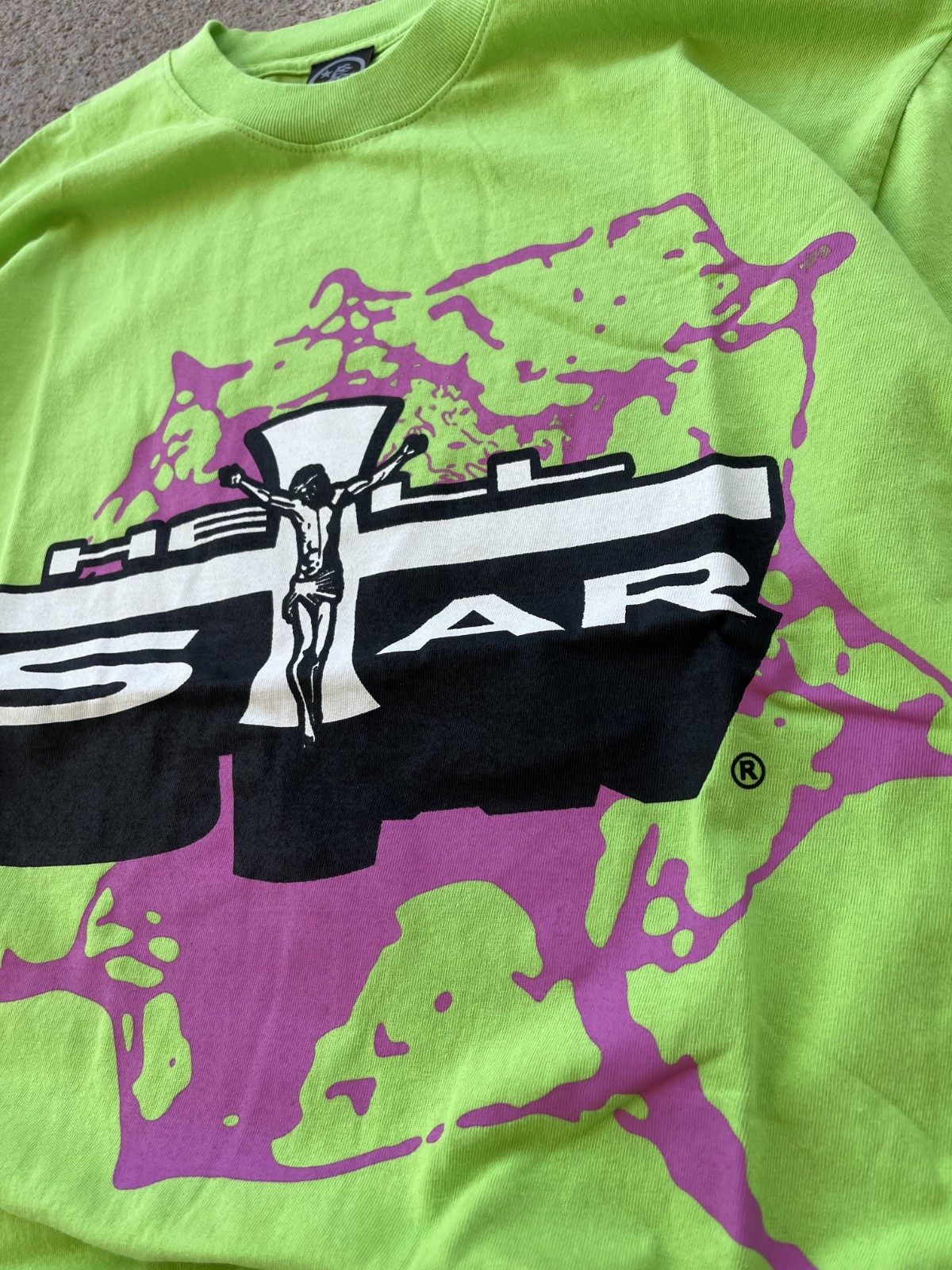 Hellstar Studios Path To Paradise Jesus Tee Neon Green Purple Pink Splat Cross