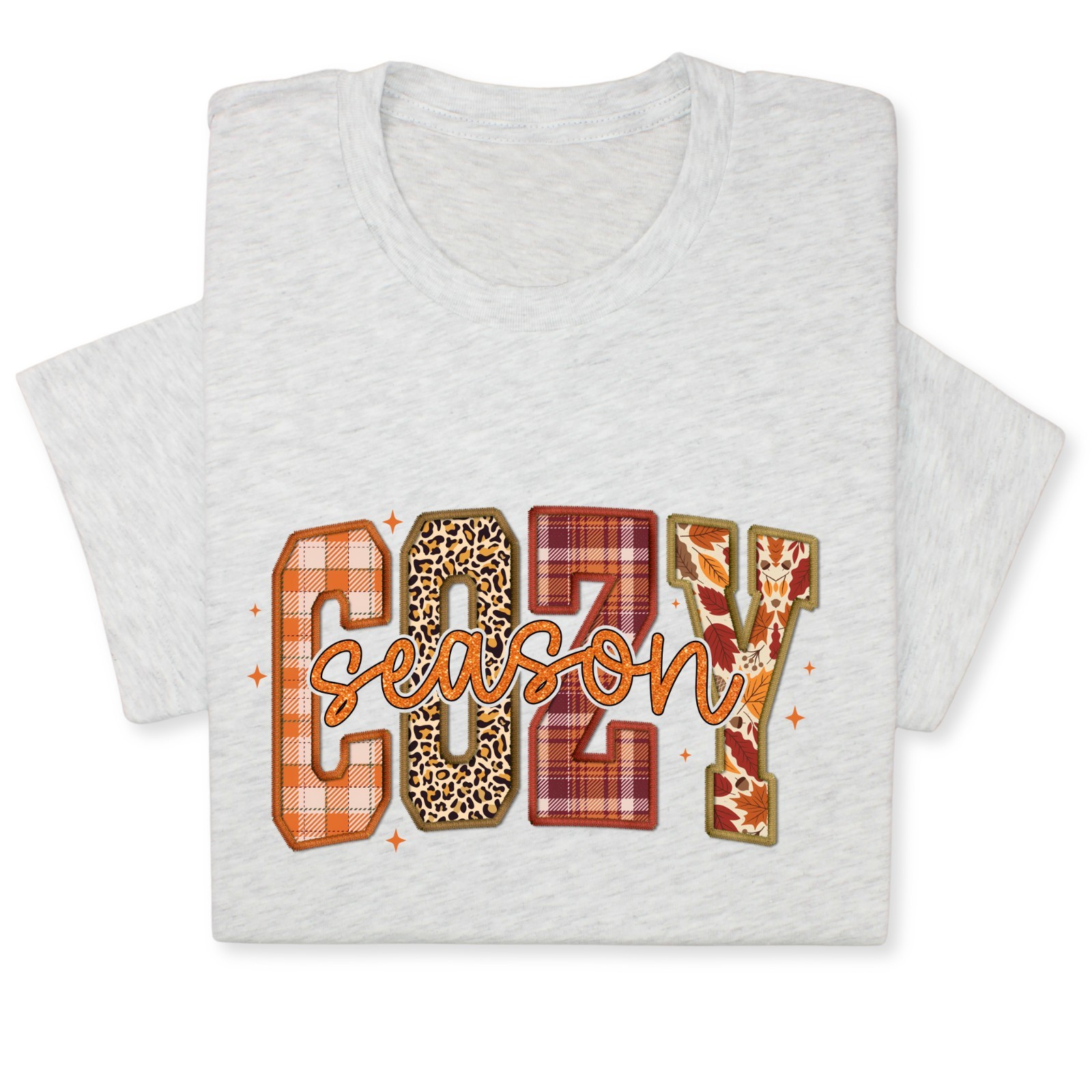 Cozy Season Fall T-Shirt – Autumn Plaid & Leopard Patchwork Tee