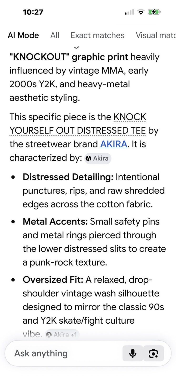 AKIRA KNOCK YOURSELF OUT DISTRESSED TEE AND HAT COMBO medium nwt *no chains*
