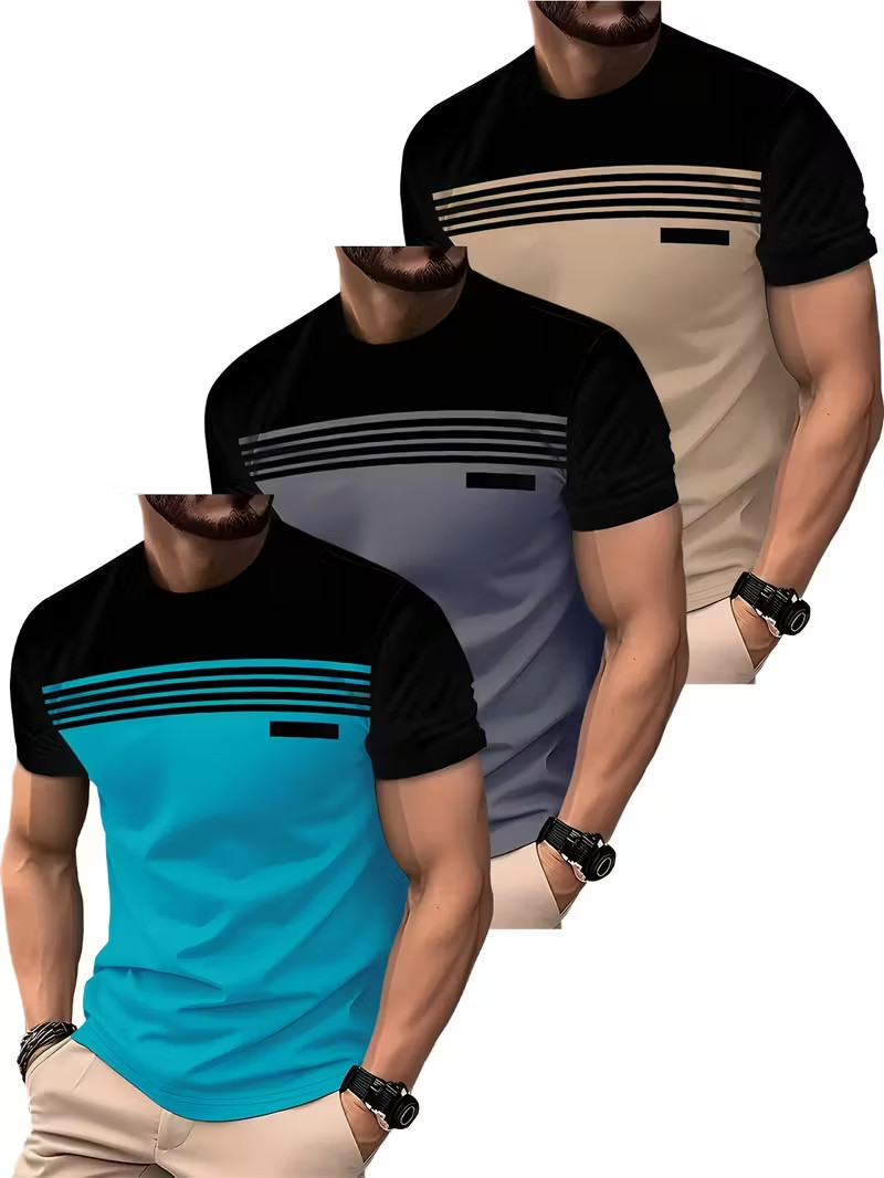 Men’s 3PCS Striped T-Shirts Short Sleeve Crew Neck Casual Summer Tees