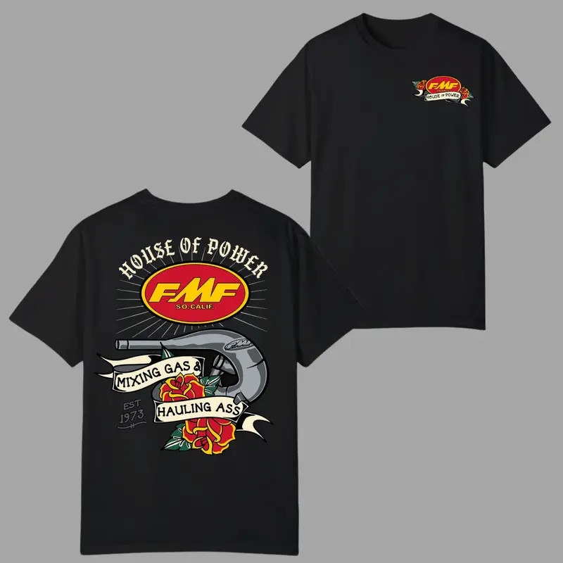 FMF House of Power T-Shirt, Mixing Gas Hauling Ass Exhaust Graphic Tee 2 Sides,