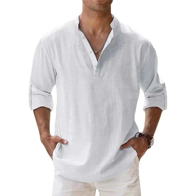 Men’s Cotton Linen Henley Long Sleeve Shirt Casual Beach T-shirt Tee Summer Gift