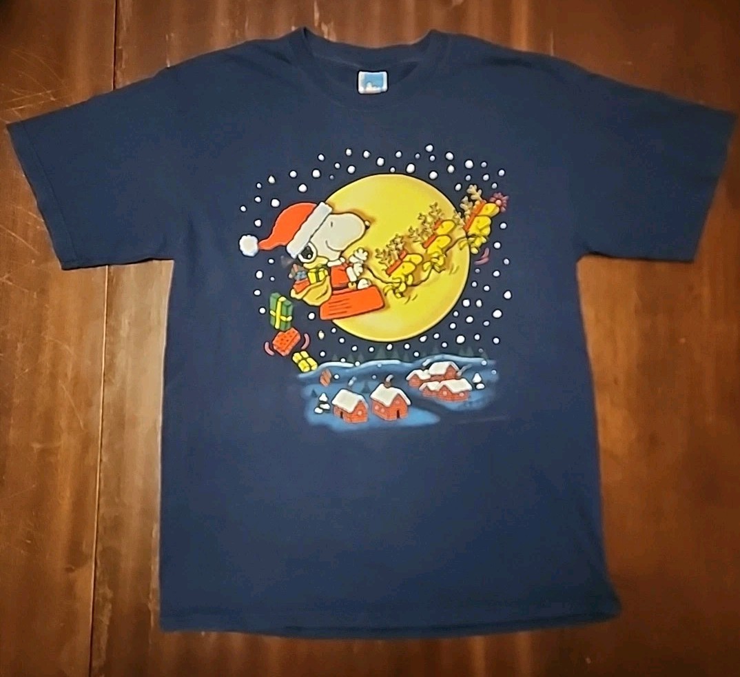 Vintage 90s Peanuts Shirt Men Large Blue Christmas Santa Snoopy Woodstock