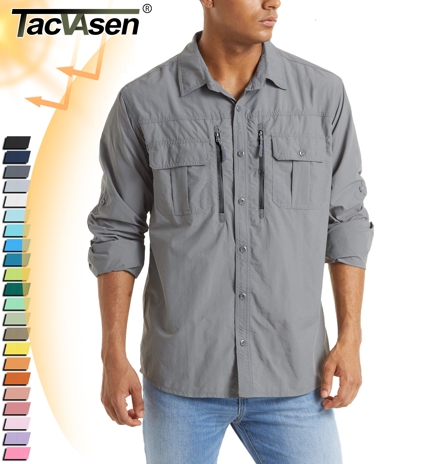 UPF 50+ Mens Quick Dry UV Protection Shirts Long Sleeve Hiking Fishing Work Tops