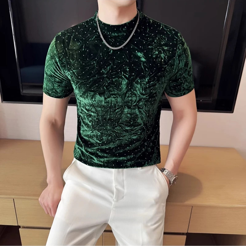 Summer Velvet Pleated Hot Stamping T-shirt for Men’s Fashion Versatile Slim Fit