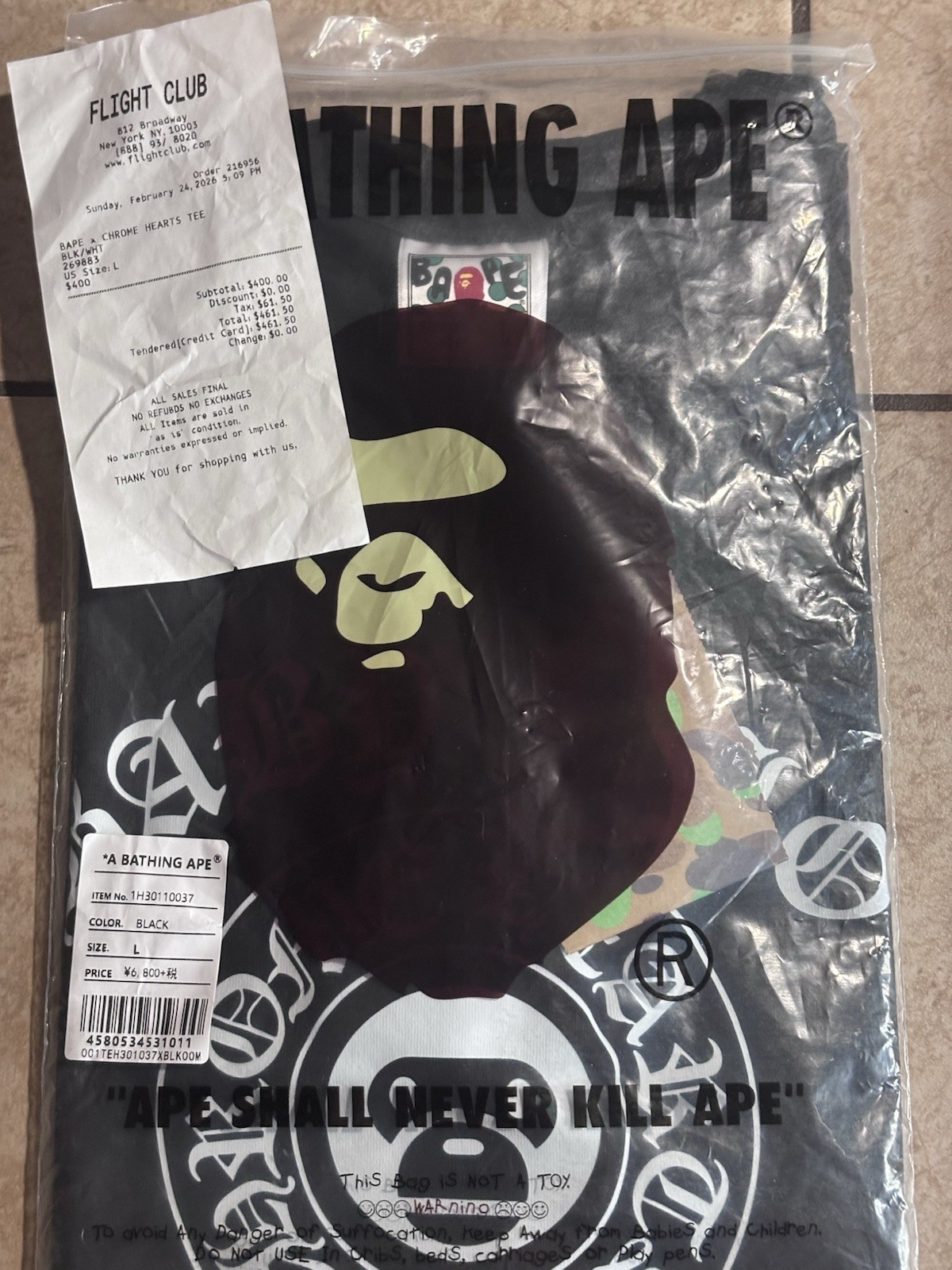 Men’s Black Bape Short Sleeve T-Shirt Crew Neck Size Large Bape/crome