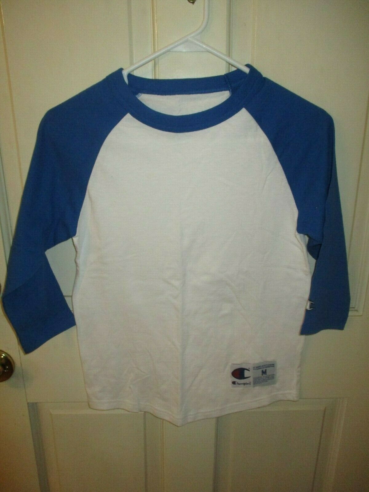 909B3 Champion T137 Authentic Apparel Baseball Tee Small MD Blue & White