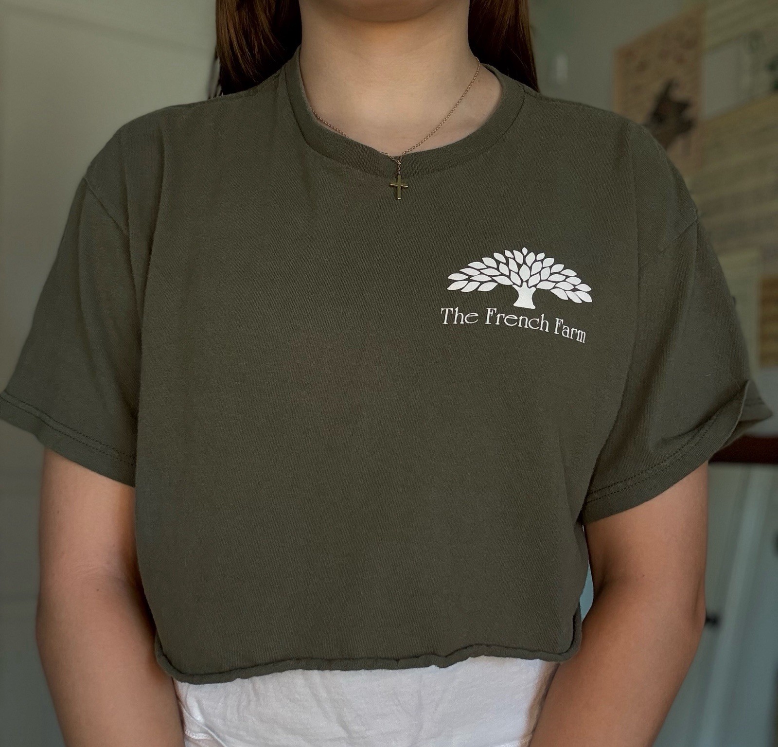 Cropped Graphic T-Shirt Olive Green Delta large cotton casual fall spring summer