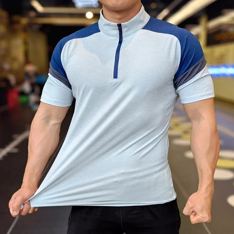 Men Fitness Running Half Zip Training Wear Summer High Elasticity Slim Fit Tee O