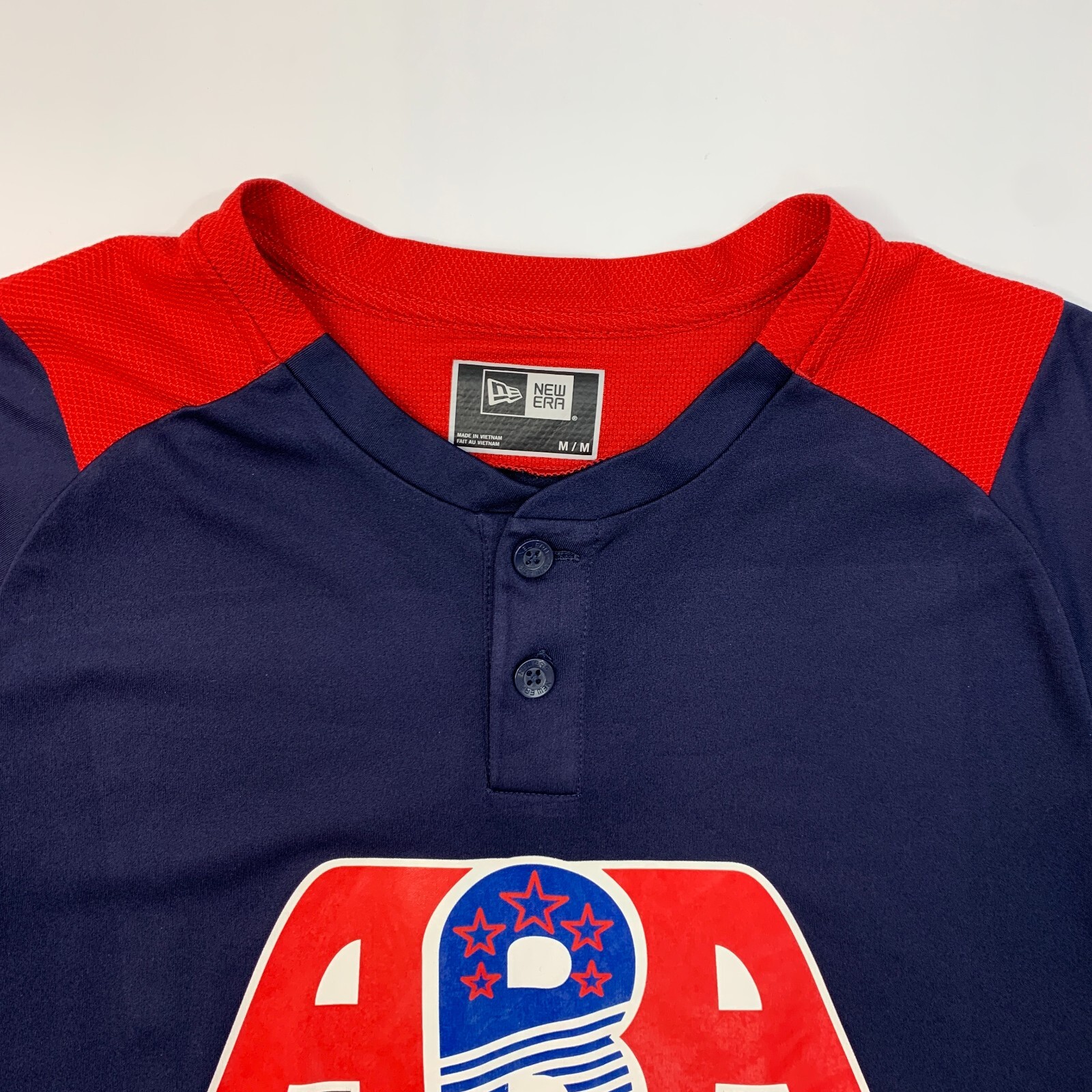 New Era ABA Baseball Jersey Mens M Medium Navy Blue Red Henley Short Sleeve