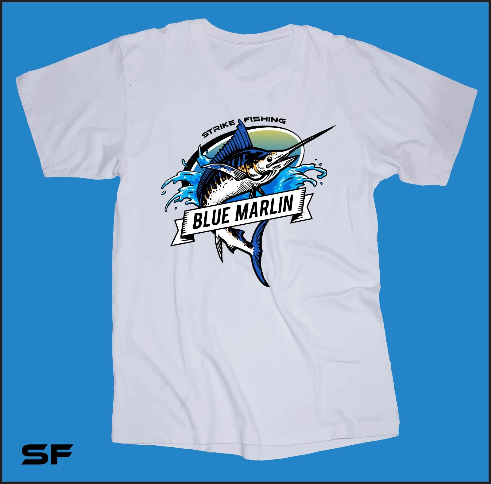 Strike Fishing Blue Marlin white T-shirt Boating deep Sea Fishing Island Florida