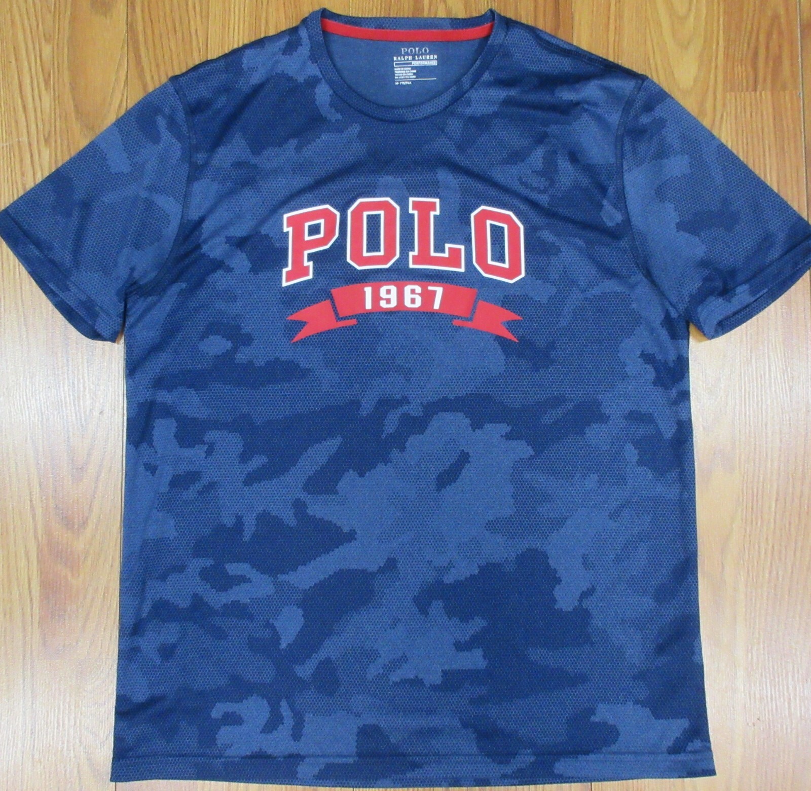 POLO RALPH LAUREN POLYESTER T-SHIRT NAVY BLUE, RED & WHITE Sz MEDIUM, M