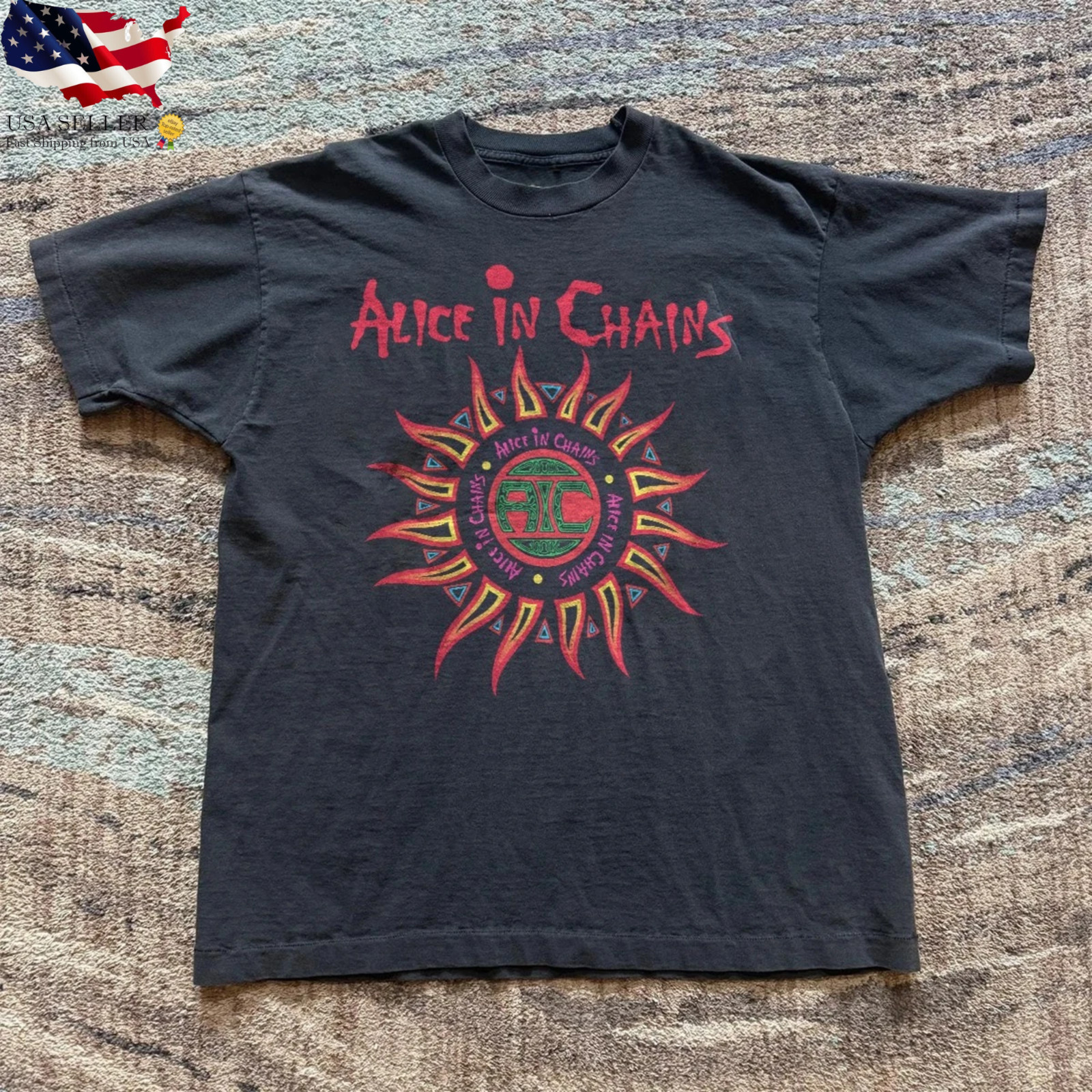 Alice In Chains Sun Logo Shirt Vintage 90s Grunge Band Black Tee