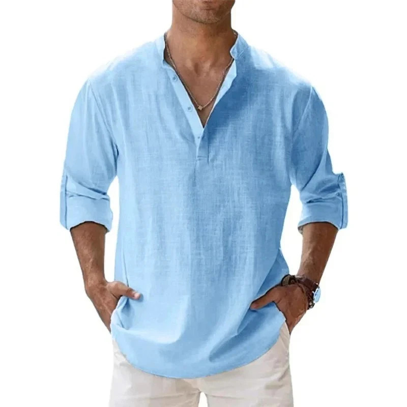 Men’s Cotton Linen Henley Long Sleeve Shirt Casual Beach T-shirt Tee Summer Gift