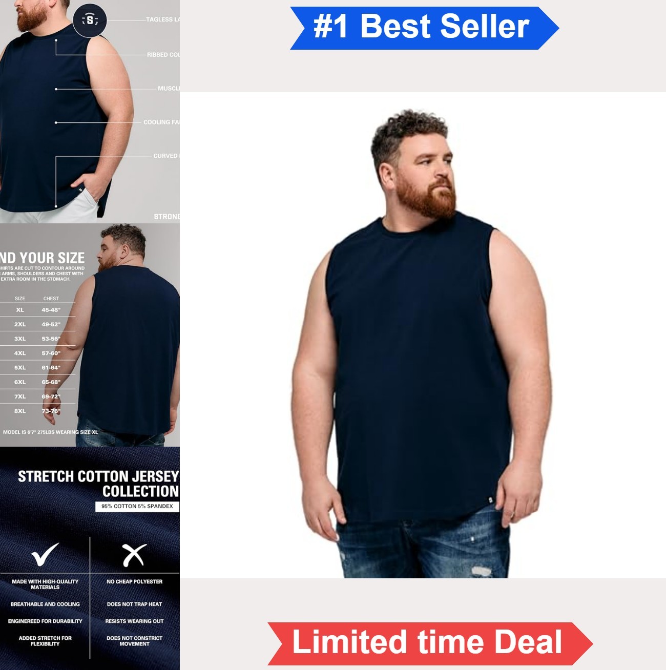 Men’s Big and Tall Tank Top Sleeveless Cotton Spandex Muscle Tee Workout Gym