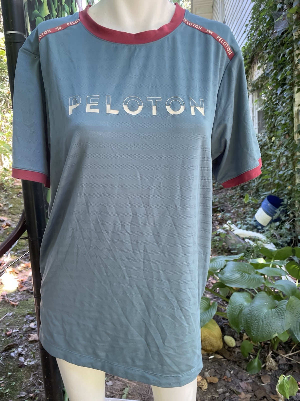 PELETON T Shirt Men’s or Womens L Lightweight Blue & Red w logo Easy Care Good
