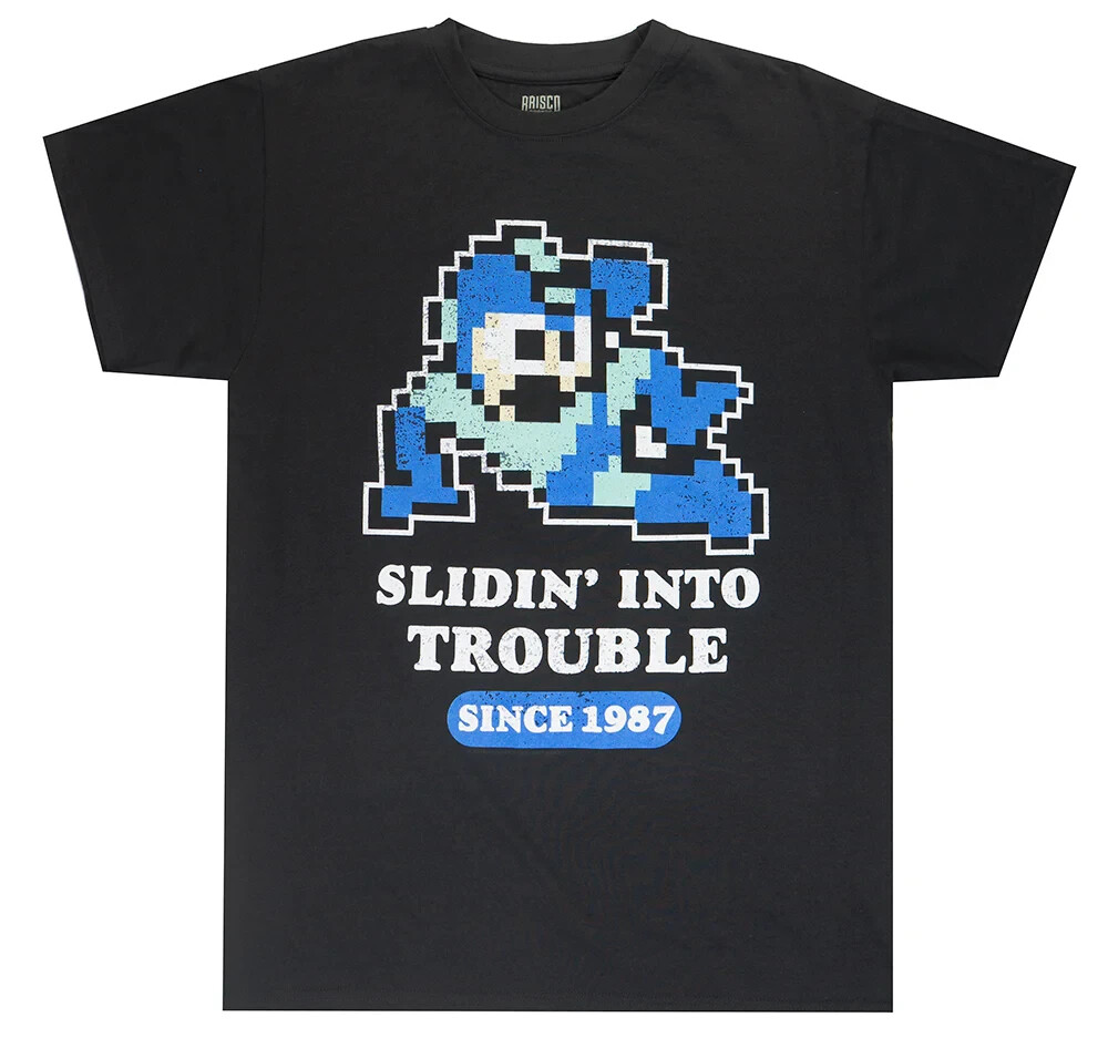 Mega Man Retro “Slidin’ Into Trouble” Black Graphic Tee – 80’s Arcade Classics