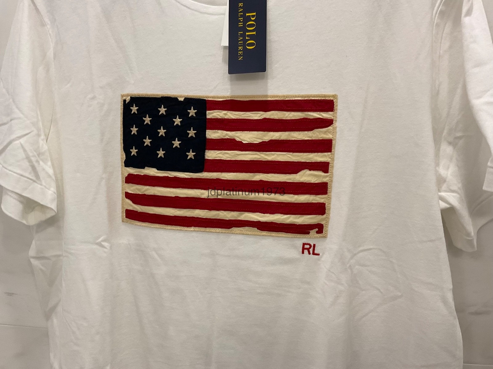 Polo Ralph Lauren White Distressed AMERICAN FLAG Appliqué Short Sleeve T Shirt