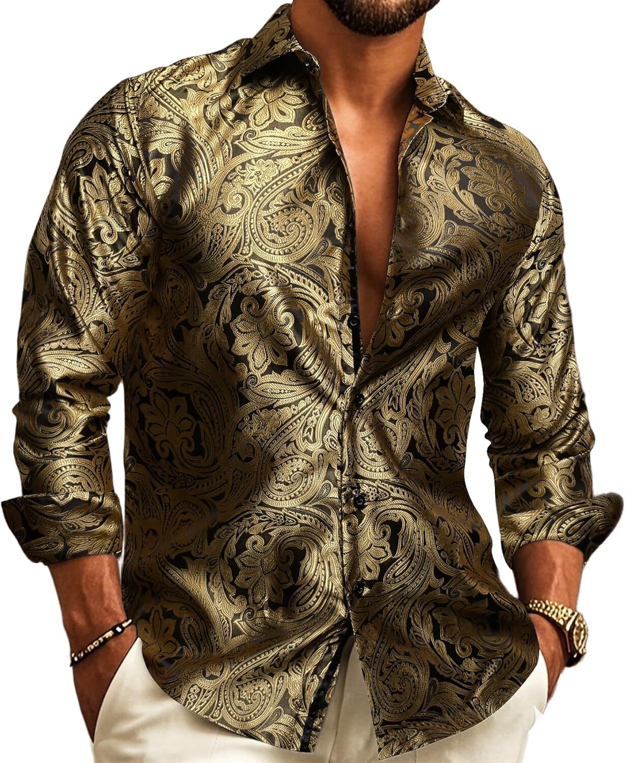Mens Silk Paisley Western Shirt Long Sleeve Button Down Cowboy Dress Top Casual