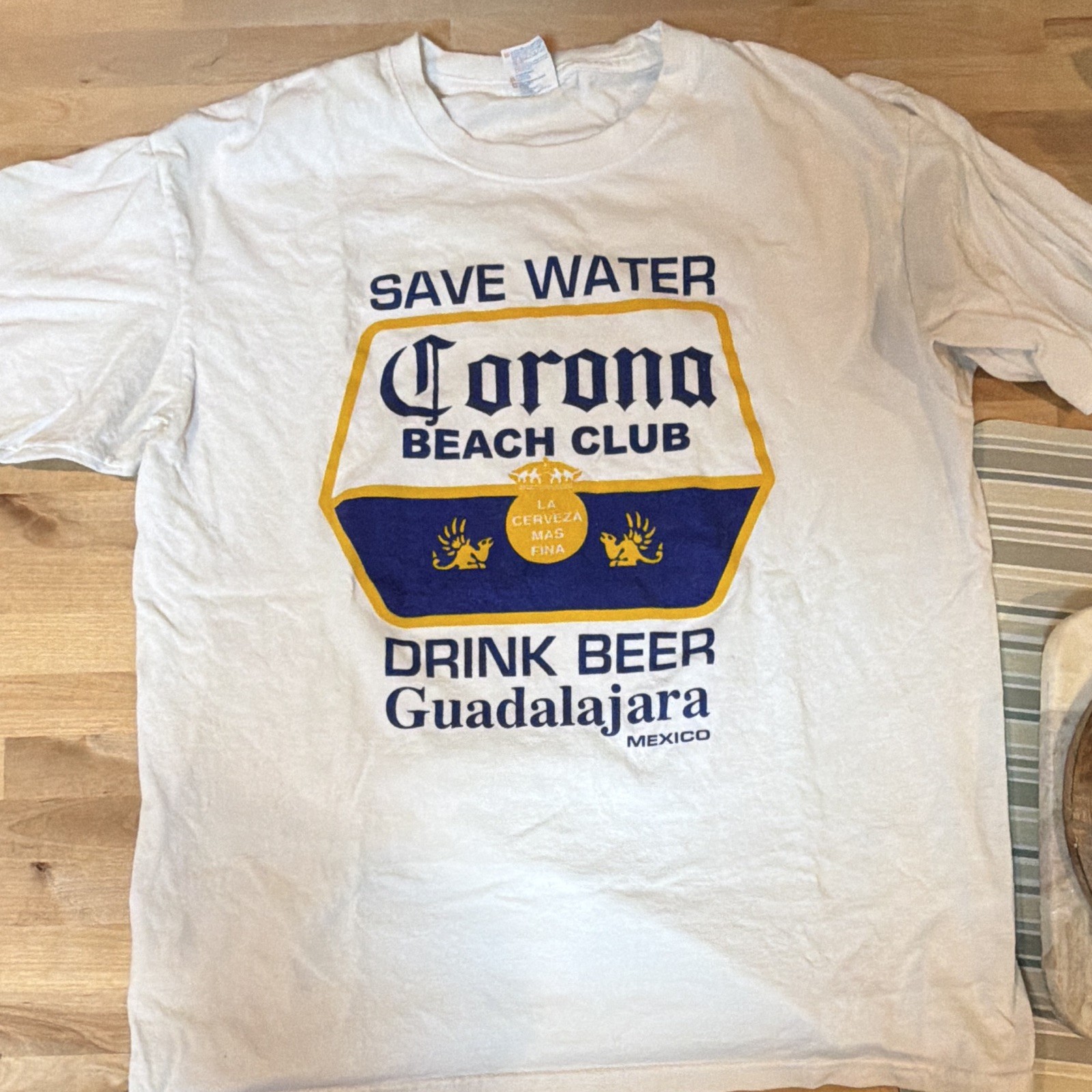 Corona Beach Club Guadalajara Mexico Save Water Drink Beer White T-Shirt L