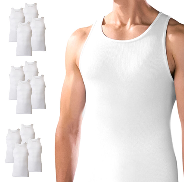 Men’s Lightweight Tank Top Undershirt White Ribbed Stretch A Shirt – 12 Pack