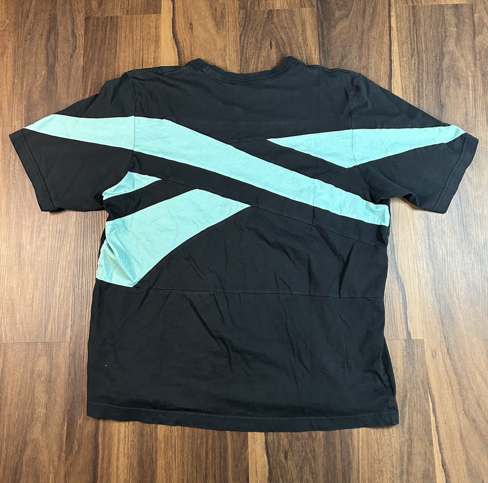 Y2K Reebok Brand Proud T-Shirt Cut & Sew Big Logo Black Mint Green. Fits like L