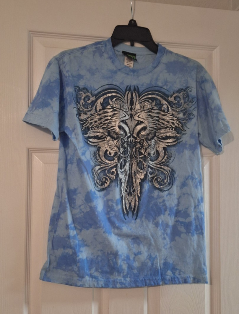 FSD Four Seasons Design Vintage T-shirt 2 skullsBlue with silver size small 90s