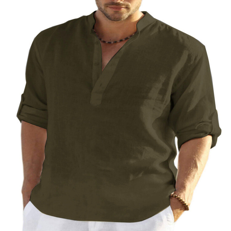 Mens Cotton Linen Long Sleeve Shirt Solid Loose Blouse Button Down Tops T Shirt