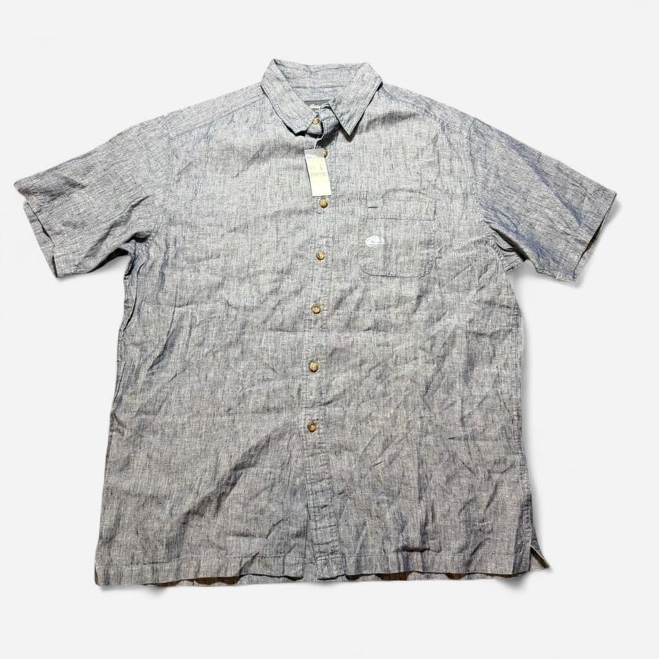NWT Eddie Bauer 100% Linen Solid Blue/Gray Short Sleeve Button Up Size L