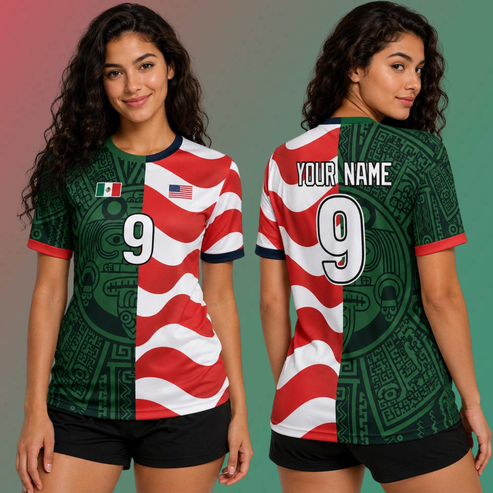 Mexico USA Soccer Jersey Custom Name Number Aztec Mexican American Fan (S-5XL)