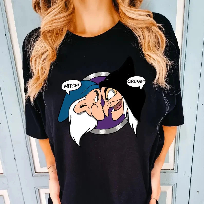 Disney Snow White Grumpy And Witch Grumpy Vs Evil Queen Black T-Shirt Size S-5XL