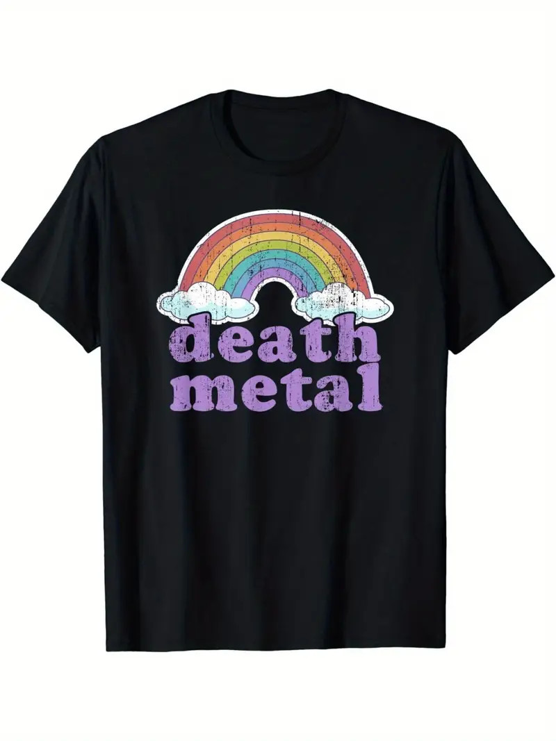 DEATH METAL Rainbow & Slogan Print Cotton T-Shirt, Breathable & Comfort Fit for