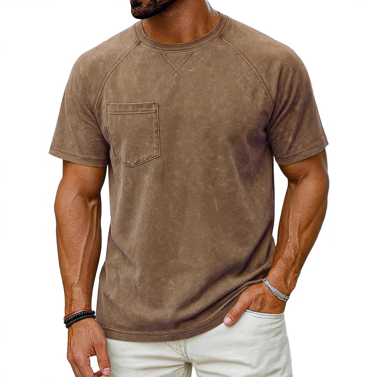 Men’s Vintage Washed Raglan Short Sleeve T-Shirt, Pocket Crew Neck Casual Tee